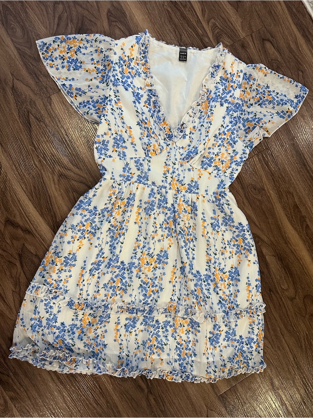 NWOT SHEIN Ruffle Mini Dress in White, Blue & Yellow Flowers size M for women